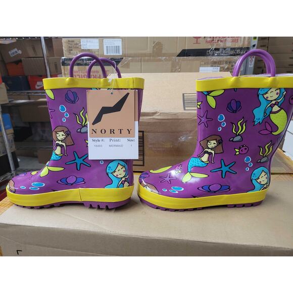 NWT Norty Kids Waterproof Rain Boots – Purple Mermaids – Size 1M US - Picture 1 of 3